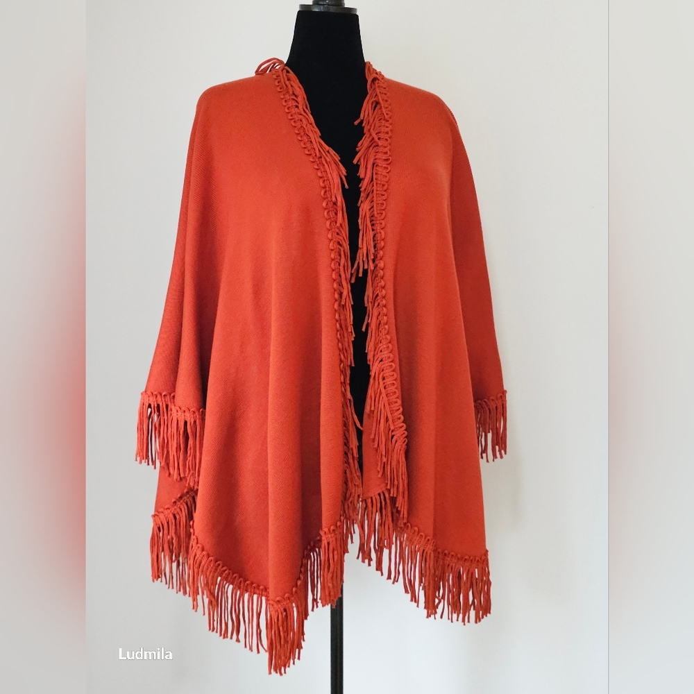 COLDWATER CREEK One Size Women's Burnt Orange Fringe Poncho/Shawl/ Shrug